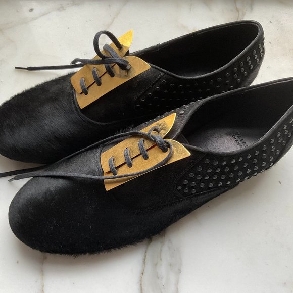 VALAS Hair On Black Laced Loafers with Gold metal Trim Lace Panel - Picture 3 of 6